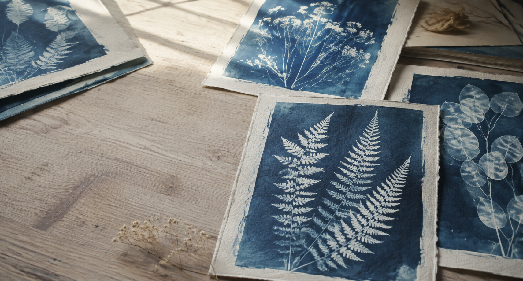 Handgefertigte botanische Cyanotypien auf Papier