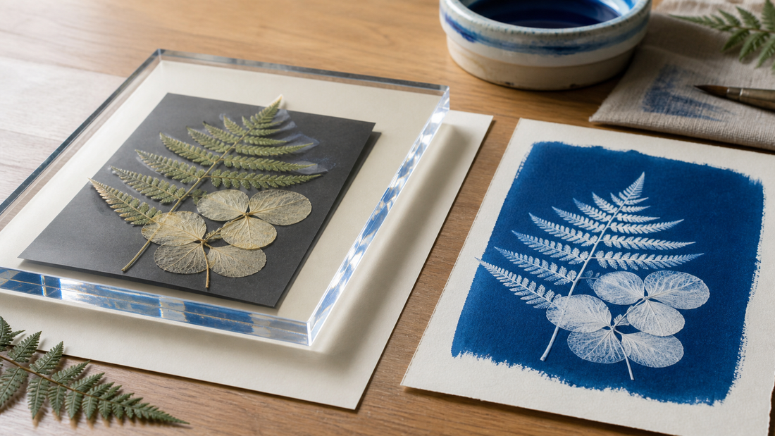 Transparentes Cyanotypie-Kunstwerk auf Plexiglas mit botanischen Formen