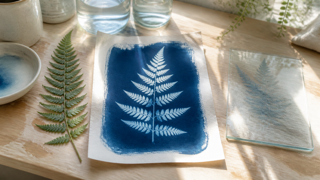 Botanischer Cyanotypie-Druck mit Blättern in tiefem Preußischblau