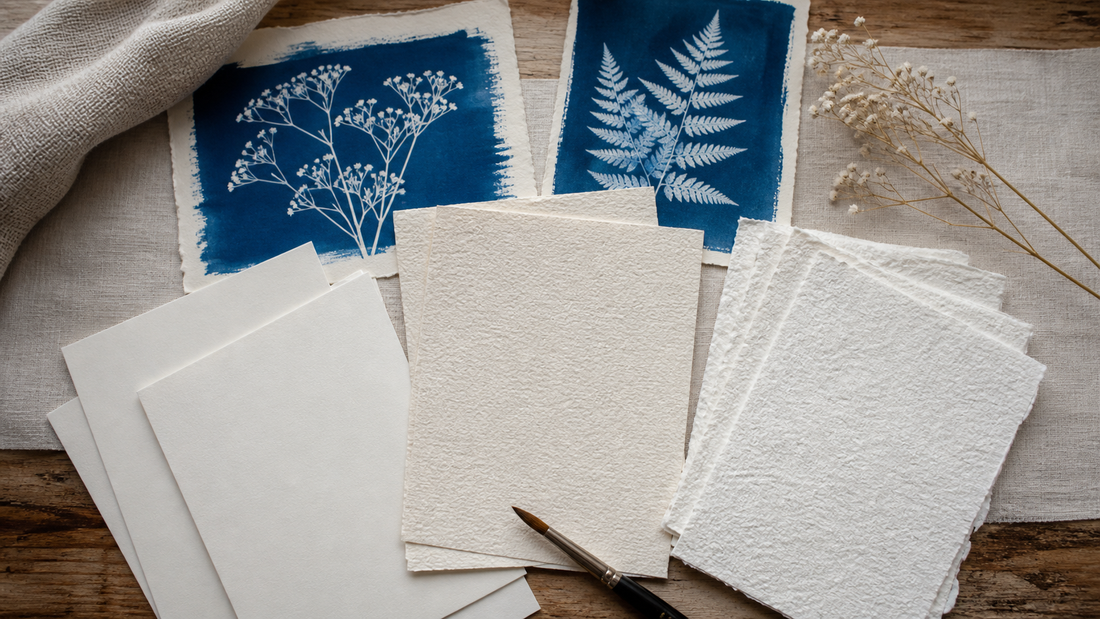 Verschiedene Aquarellpapiere mit botanischen Cyanotypie-Testdrucken
