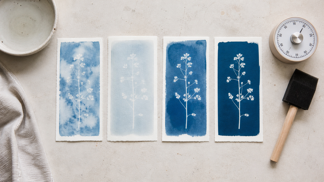 Fehlgeschlagene und gelungene botanische Cyanotypie-Testdrucke nebeneinander
