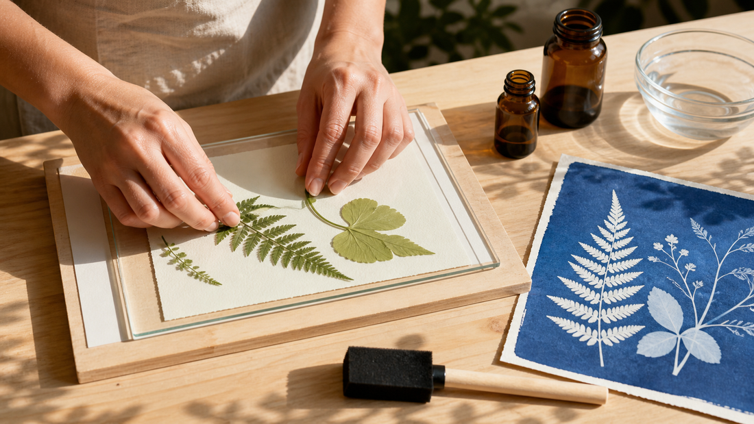Anfänger ordnet botanische Formen auf beschichtetem Cyanotypie-Papier an