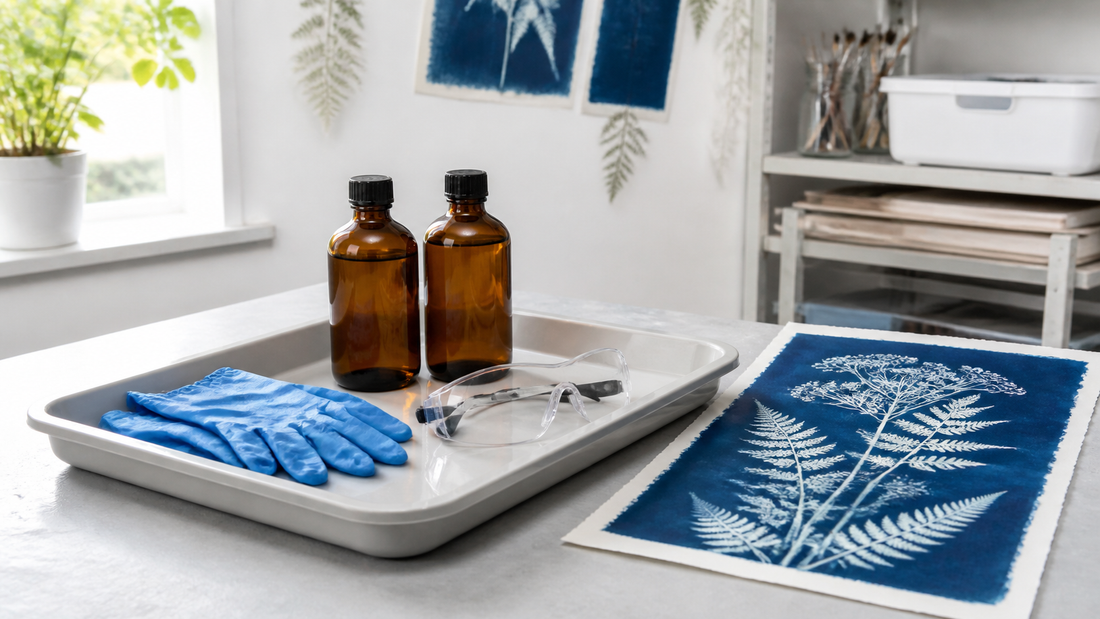 Sichere Cyanotypie-Materialien mit Handschuhen und verschlossenen Chemikalienflaschen