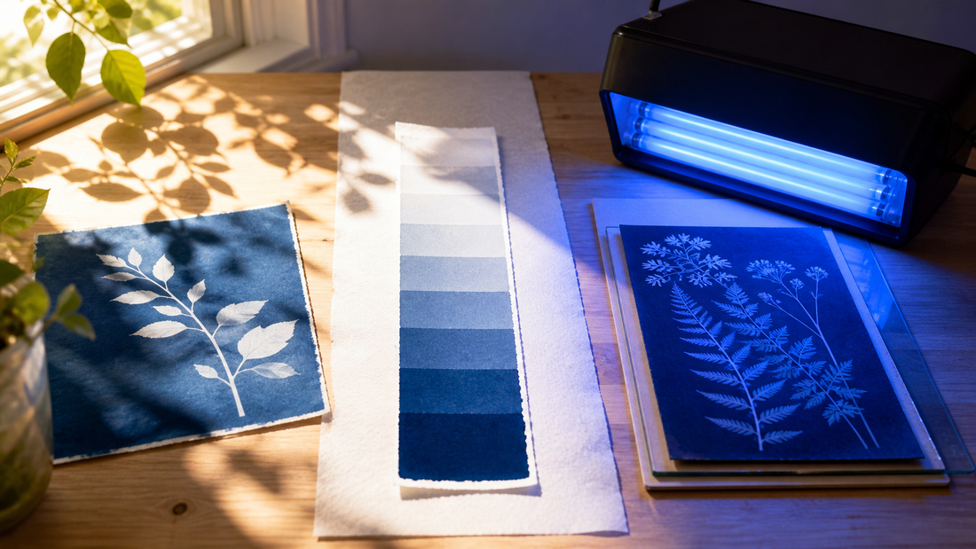 Cyanotypie-Belichtung im Sonnenlicht mit Teststreifen und UV-Materialien