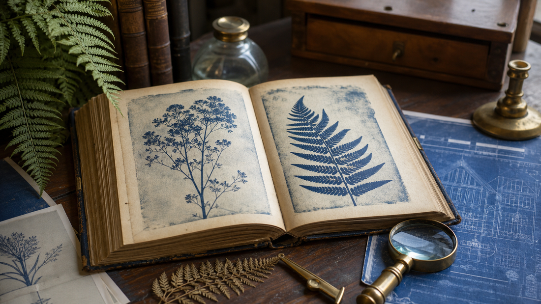 Historische Cyanotypie-Blaupausen und ein moderner botanischer Druck nebeneinander