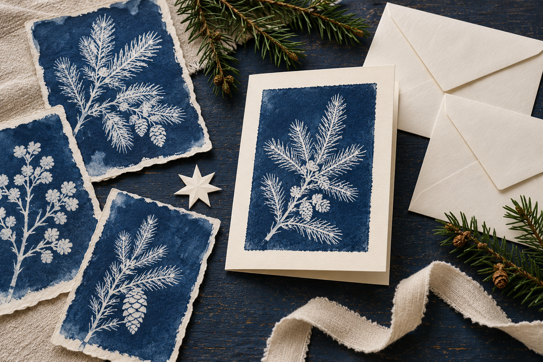 Illustration botanischer blauer Cyanotypien mit cremefarbener Weihnachtskarte, Papiersternen und Umschlägen