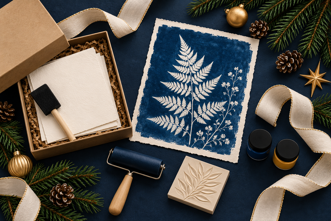 Illustration kreativer Weihnachtsgeschenke mit Papier, Schaumstoffpinsel, botanischer Cyanotypie und Druckmaterialien