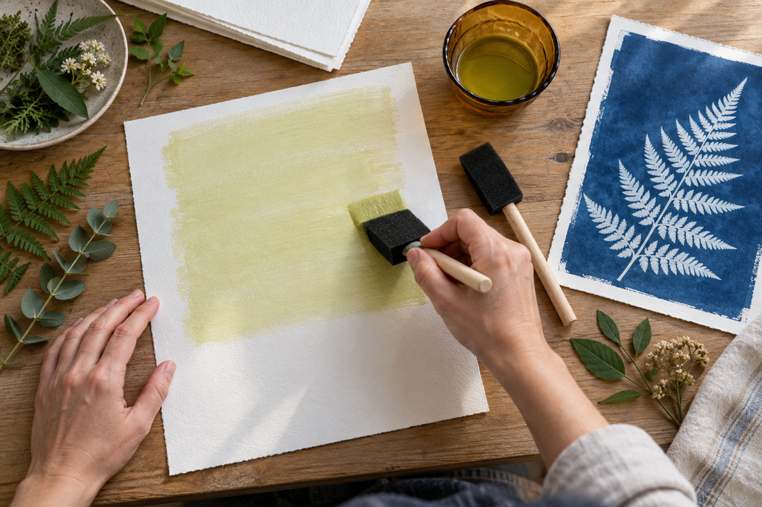 Cyanotypie-Lösung wird mit einem Schaumpinsel gleichmäßig auf Aquarellpapier aufgetragen