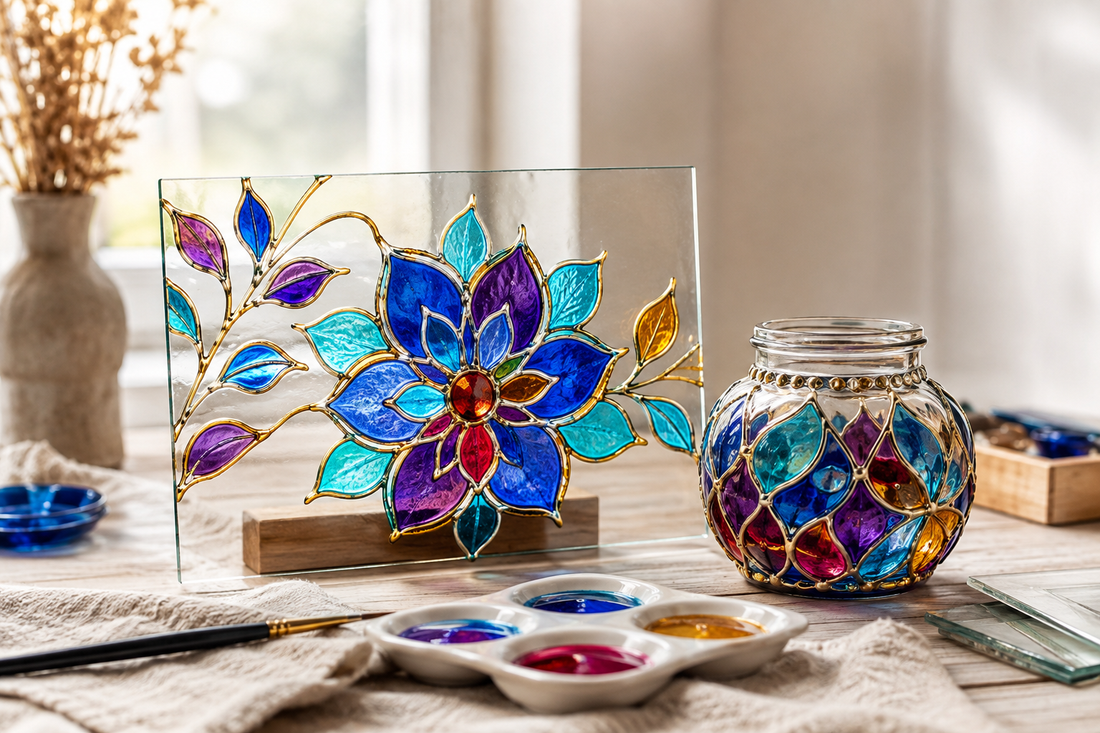 Dekorative Glasplatte mit transparenter Glasfarbe in Blau, Türkis, Bernstein und Rot