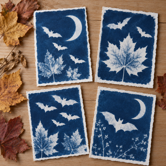 Halloween-Cyanotypien mit Fledermäusen, Mond und Herbstblättern