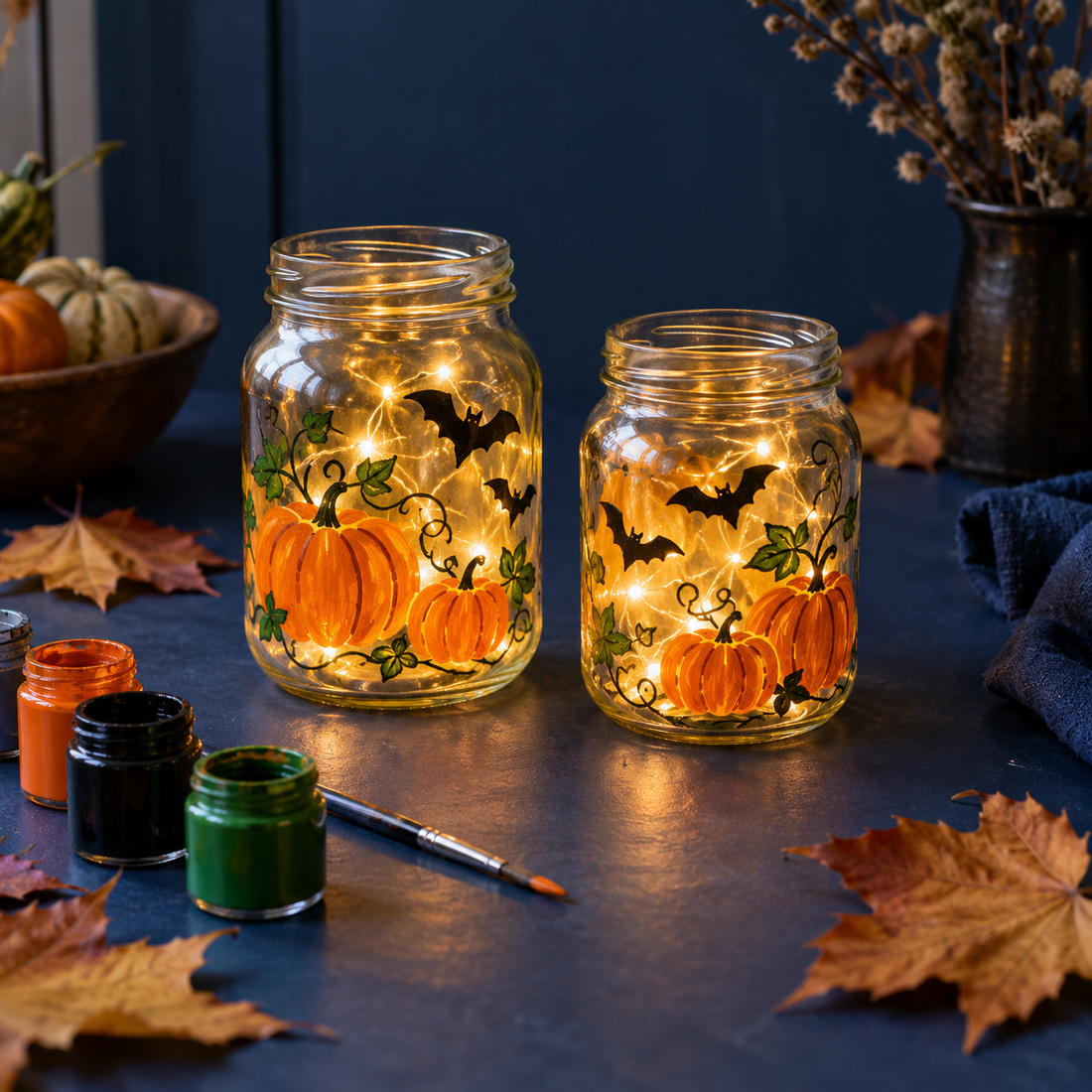 Halloween-Gläser bemalen: Kürbisse und Fledermäuse mit LED-Licht