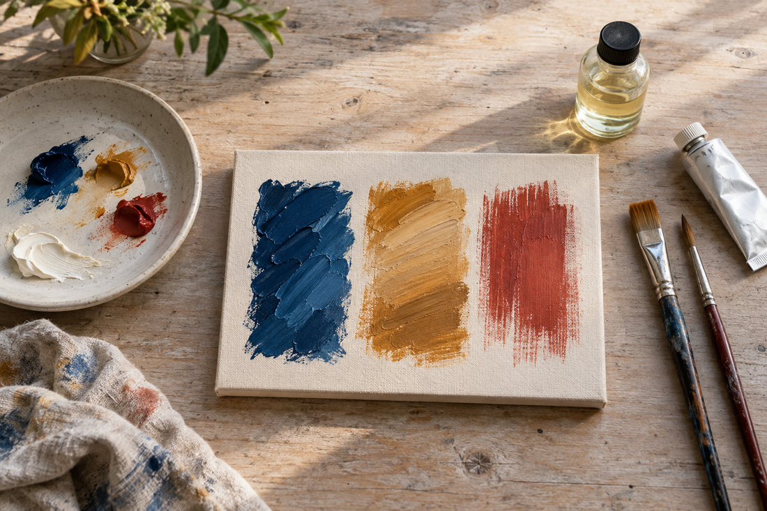 Blaue, ockerfarbene und rote Ölfarbproben auf grundierter Leinwand neben Palette und Pinseln
