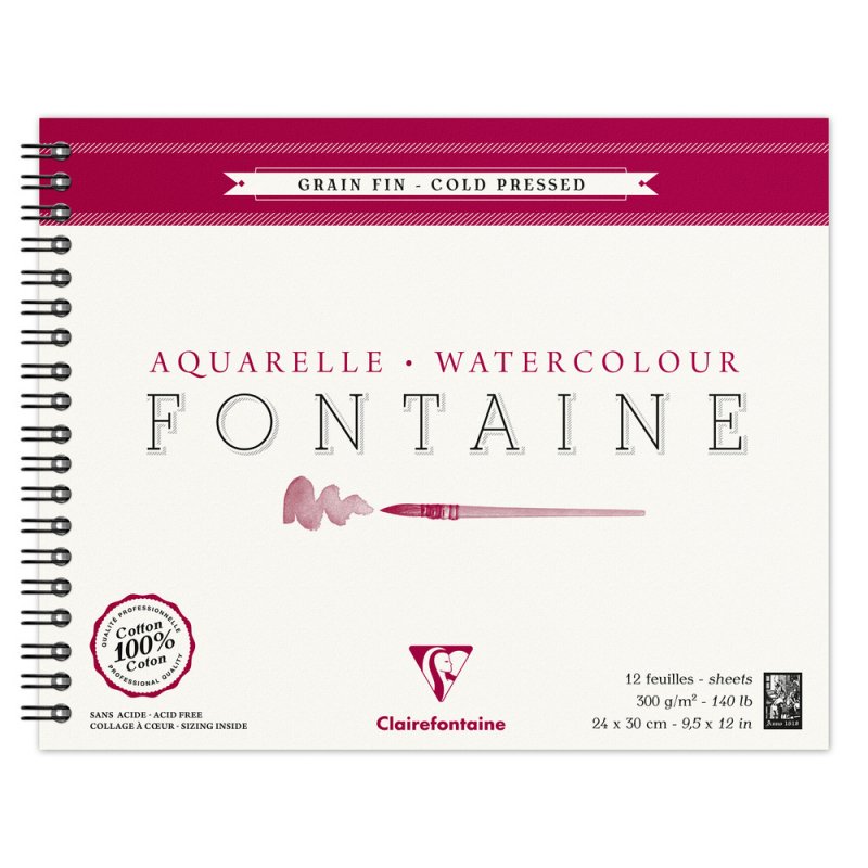 Clairefontaine Fontaine Aquarelblok 300 g Fijne Korrel - 24 x 30 cm - spiraal - 12 Blatt