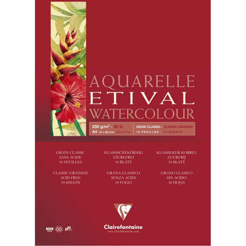 Clairefontaine Etival Aquarelblok Klassieke Korrel - 200 g - A4 - 1 zijde gelijmd - 10 Blatt