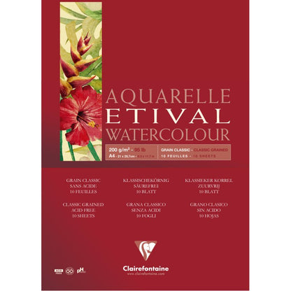Clairefontaine Etival Aquarelblok Klassieke Korrel - 200 g - A4 - 1 zijde gelijmd - 10 Blatt