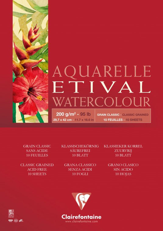 Clairefontaine Etival Aquarelblok Klassieke Korrel - 200 g - A3 - 1 zijde gelijmd - 10 Blatt
