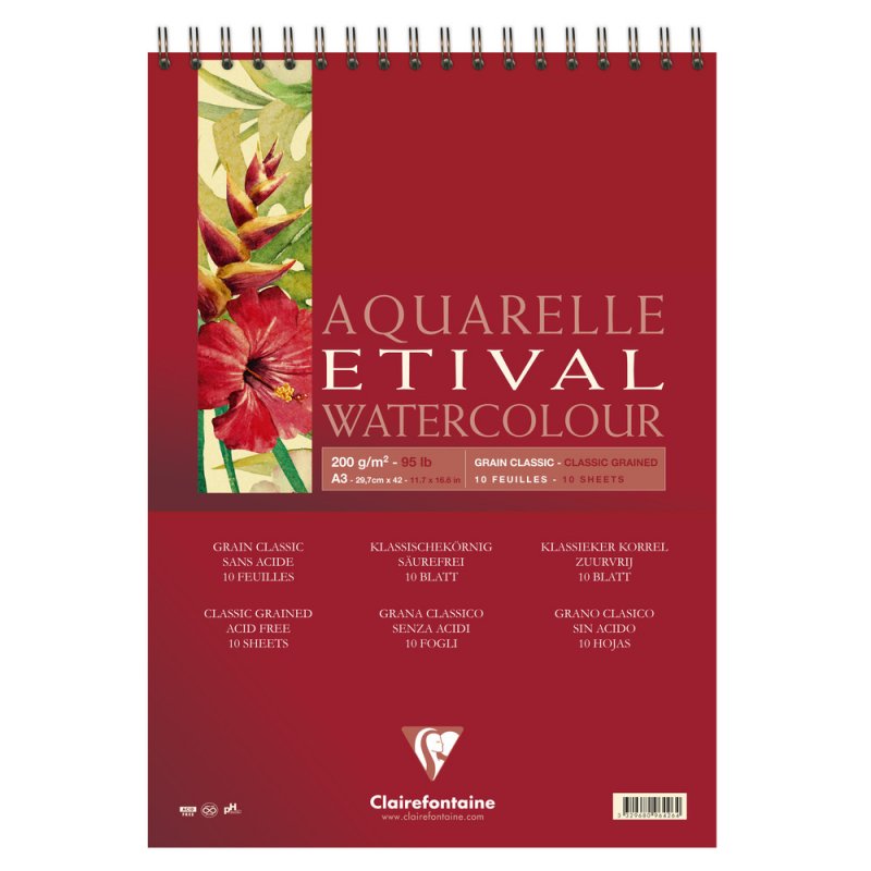 Clairefontaine Etival Aquarelblok Klassieke Korrel - 200 g - A3 - spiraal - 10 Blatt