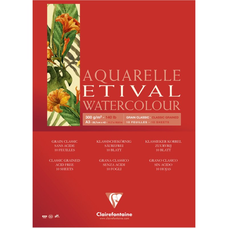 Clairefontaine Etival Aquarelblok Klassieke Korrel - 300 g - A3 - 1 zijde gelijmd - 10 Blatt
