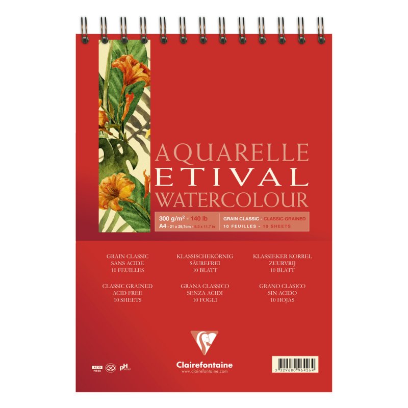 Clairefontaine Etival Aquarelblok Klassieke Korrel - 300 g - A4 - spiraal - 10 Blatt