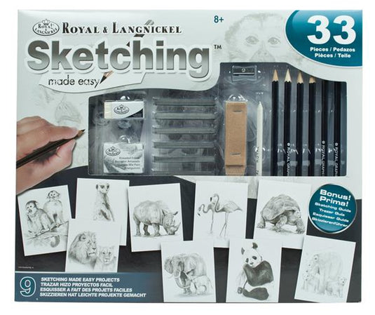 Royal & Langnickel Sketching Made Easy Tierzeichenset, Schachtelvorderseite mit neun Projekten