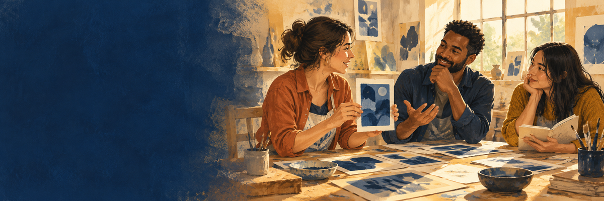 Illustration von drei Erwachsenen, die kreative Arbeiten und Ideen in einem sonnigen Atelier teilen