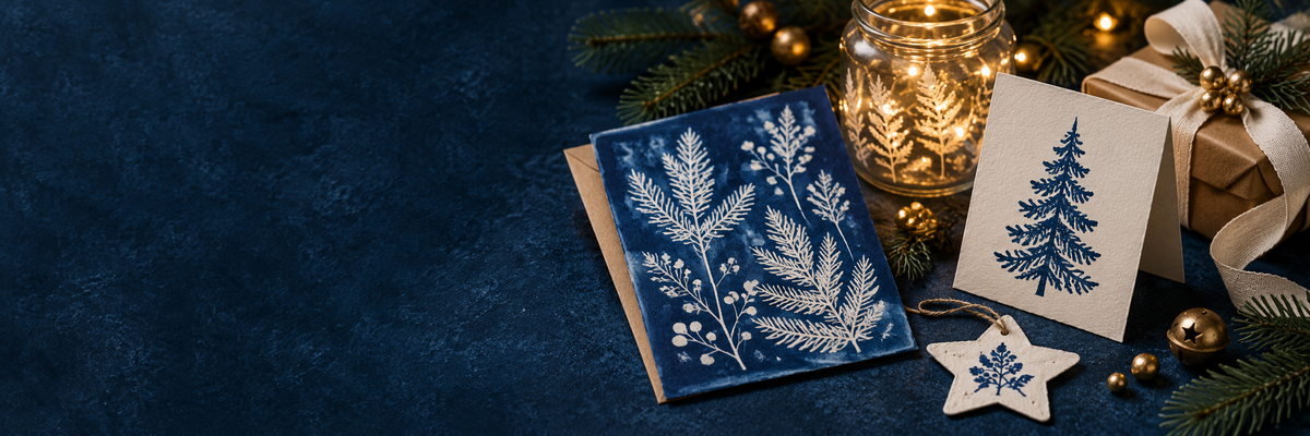 Illustration mit botanischen Cyanotypie-Weihnachtskarten, einer gedruckten Karte, LED-Licht und einem verpackten Geschenk