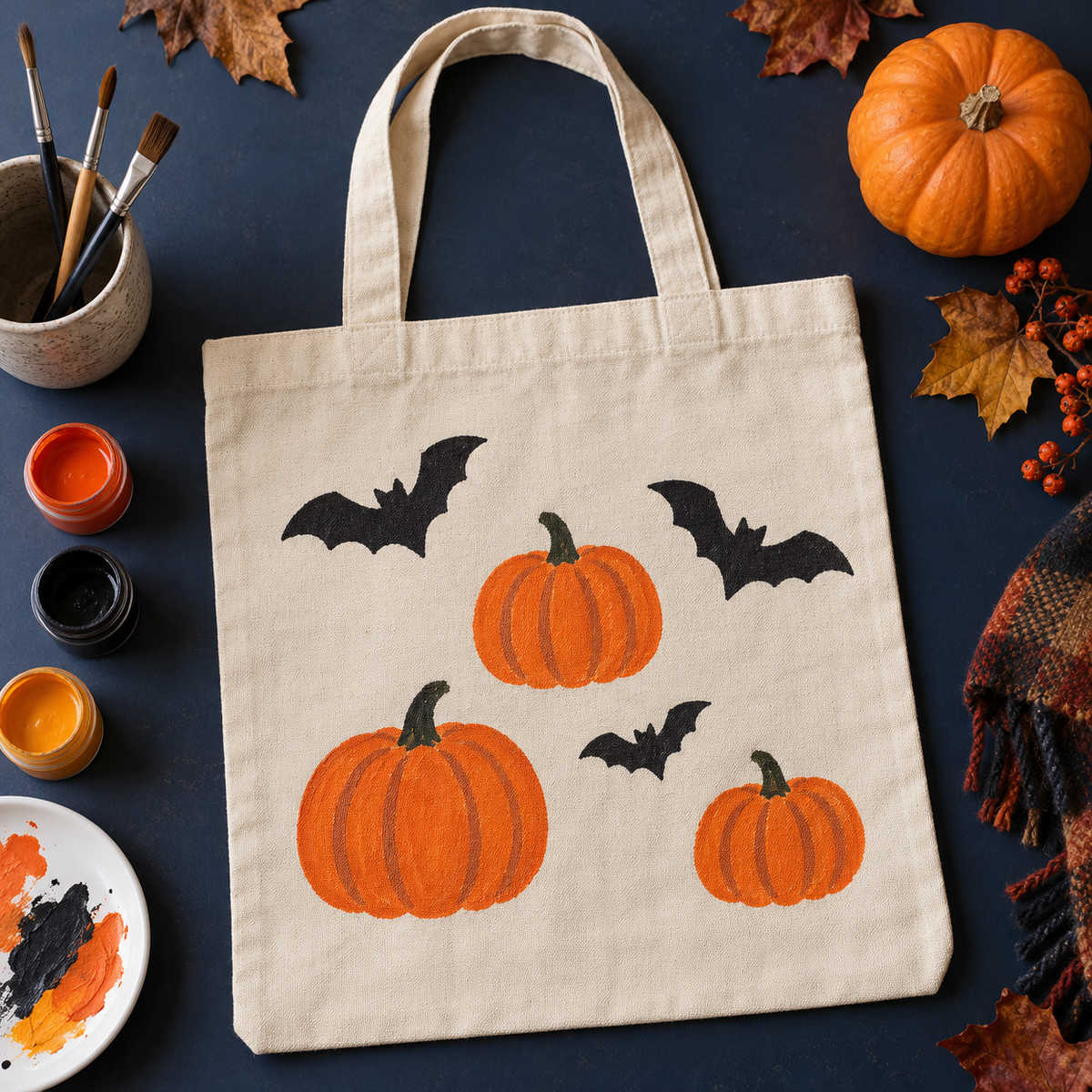 Eine Halloween-Tasche bemalen: Kürbisse und Fledermäuse mit Textilfarbe