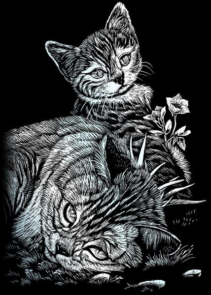 R&L Engraving Art Mini A5 - Silver Foil - Tabby Cat & Kitten